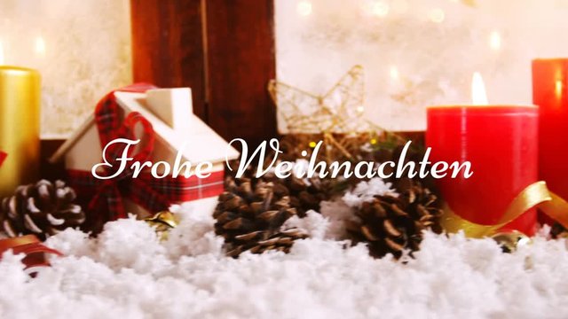 Frohe Weihnachten written over Christmas decorations