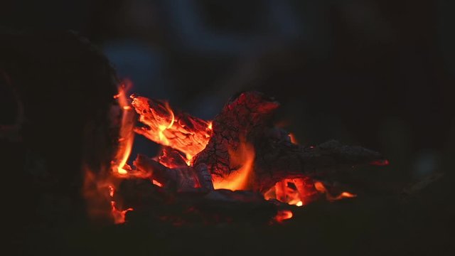 Campfire in the night with camping people background in meadow field on picnic. Bonfire in dark. Fire fuel. Slow motion video footage