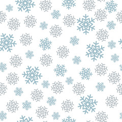 Snowflake seamless pattern. Snow on white background. Abstract wallpaper, wrapping decoration. Symbol winter, Merry Christmas holiday, Happy New Year celebration Vector illustration.