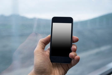 smart phone in hands , black screen of mobile phone