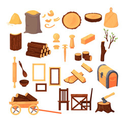 Wood material and products, tree trunks, bark, wood kitchen utensils, branches, planks, wooden furniture, chest, shavings. Logs and boards for the forest industry set cartoon vector illustration