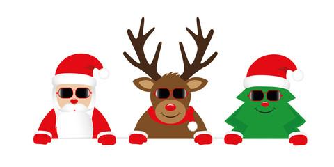 Fototapeta na wymiar cute reindeer santa claus and christmas tree cartoon with sunglasses for christmas vector illustration EPS10