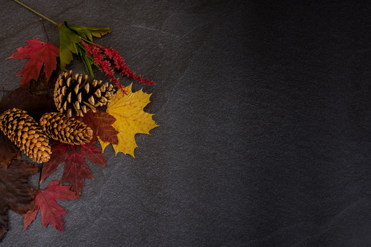 Autumn background with yellow, orange, red leaves and pine cones over dark concrete background with copy space. Thanksgiving. Fall 