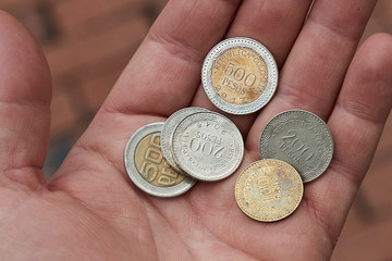 Coins in human hand, Colombian Pesos