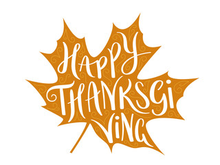 HAPPY THANKSGIVING vector hand lettering in maple leaf with spiral motifs