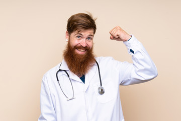 Redhead man with long beard over isolated background with doctor gown and making strong gesture