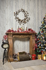 Beautiful Christmas interior in brown tones with a Christmas tree, gifts, a wooden fireplace and a...
