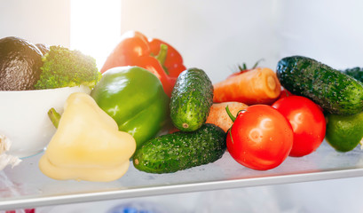Open fridge. Healthy food. Vegetables and fruits