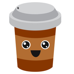 Coffee emoji cup with eyes. Kawaii cup. Hot chocolate. Element for menu. Emoji icon. Vector illustaration of hot tea and coffee.
