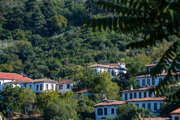 Fototapeta na wymiar White houses at the foot of the mountain. Sirince Houses through the trees.