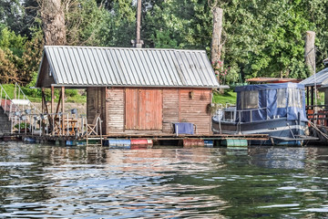 Fototapeta na wymiar Summer Floating Raft Shack on Sava River - Belgrade - Serbia