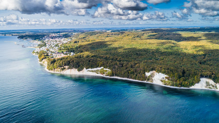Aerial view of Sassnitz picturesque city on the edge of Jasmund National Park on the island of Ruga