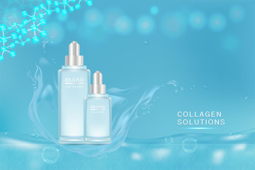 Beauty product ad design, blue cosmetic containers with collagen solution advertising background ready to use, luxury skin care banner, illustration vector.	