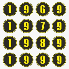 Past years with yellow numbers in a circle shape,1969,1979,1989,1999 vector.