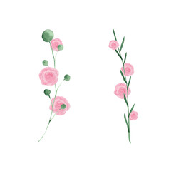  Watercolor set with pink and orange roses, leaves and twigs. Wreaths, frames and bouquets of roses, twigs. Ideal for invitations and greeting cards.