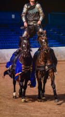 Man balancing on two horses dressed in medieval costume