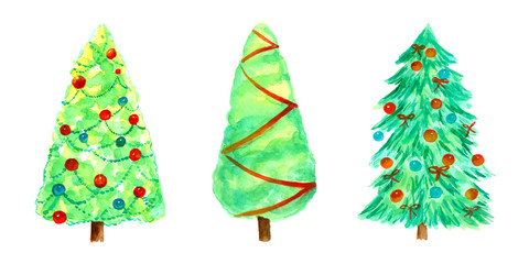 Christmas pine tree decorated set Hand drawn watercolor painting isolated on white background.