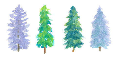Christmas pine tree set Hand drawn watercolor painting isolated on white background.