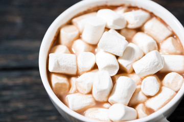 Fototapeta na wymiar cup of cocoa with sweet marshmallows on a wooden table, closeup
