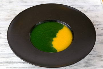 Spinach and pumpkin soup in a black plate.
