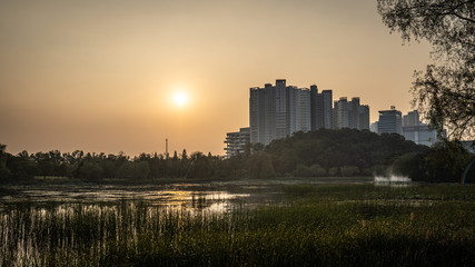 korea, sunset of city 