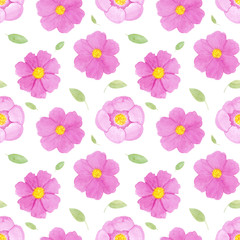 Watercolor hand painted seamless pattern with abstract pink and yellow flowers and leaves isolated on white background. Floral repeat print for wallpaper, fabric, wrapping paper, invitations, card.