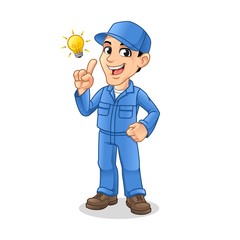 Mechanic Man Get an Idea with Light Bulb for Service, Repair or Maintenance Mascot Concept Cartoon Character Design, Vector Illustration, in Isolated White Background.