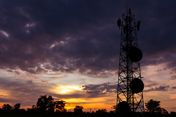 Silhouette Antenna tower and repeater of telecommunication. sunlight with dramatic sky.Dramatic sky