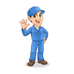 Mechanic Man with Waving Hand Gesture Sign for Service, Repair or Maintenance Mascot Concept Cartoon Character Design, Vector Illustration, in Isolated White Background.