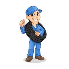 Mechanic Man Carrying The Tire with a Thumbs Up Hand in The Other Hand for Service, Repair or Maintenance Mascot Concept Cartoon Character Design, Vector Illustration, in Isolated White Background.