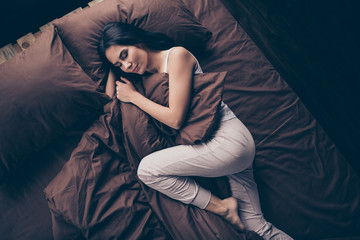Top above high angle view portrait of her she nice-looking attractive lovely sleepy calm peaceful girl lying in bed sleeping dreaming in room flat apartment house indoors