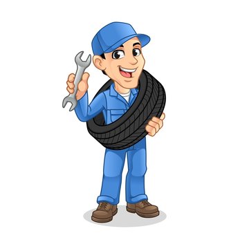 Mechanic Man Carrying The Tire with Holding a Wrench in The Other Hand for  Service, Repair or Maintenance Mascot Concept Cartoon Character Design,  Vector Illustration, in Isolated White Background. Stock Vector |