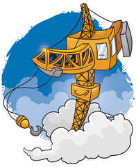 Cute, Happy Tower Crane Reaching the Clouds, Vector Illustration