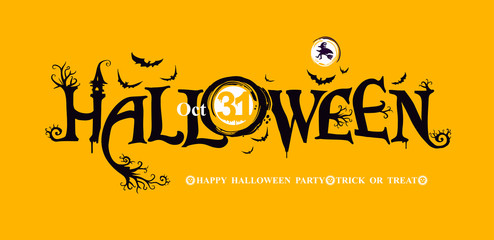Halloween horizontal banner with festive vector logo. HAPPY HALLOWEEN, Trick or Treat. The inscription with ominous tree branches, bats and a pretty witch on a background of the full moon.