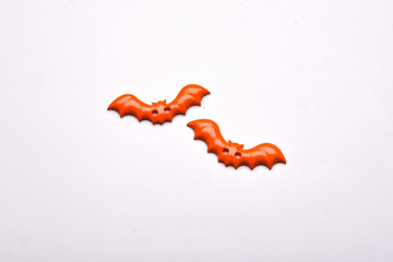 Halloween decorations two bat  on white background , Halloween holiday background , top view