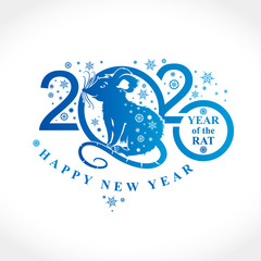 Beautiful New Year card with the symbol of 2020 Rat. Blue pattern for 2020 White Metal Rat. Silhouette of figures and snowflakes. Vector element for New Year's design. 