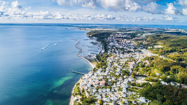 Aerial view of Sassnitz picturesque city on the edge of Jasmund National Park on the island of Ruga