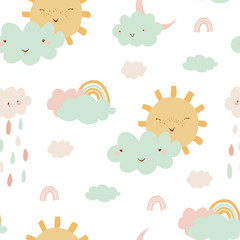 Naklejka premium Cute seamless pattern with rainbow, clouds, sun, rain for kids. Pattern in hand drawn style for poster, fabric, wallpaper, textile, wrapping paper. Vector illustration