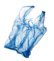flying blue polyethylene bag isolated on white background