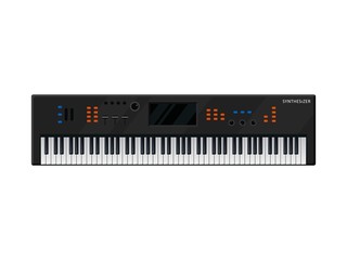 Music Synthesizer keyboard isolated on white background. Piano musical instruments. Electronic machine DJ equipment techno. Digital instrument icon producer record stereo. Studio mixer equalizer.