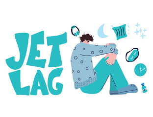 Jet lag. Young man sitting on the floor.