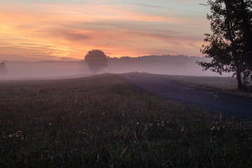 Morgenrot mit Frühnebel