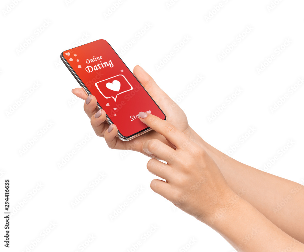 Poster female hands using date application on smartphone, isolated on white.