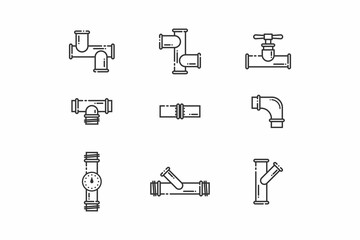 Set of linear icons. Pipe icons of different sizes and shapes. Oil pipeline, gas or water connections. Connecting elements with and without threads