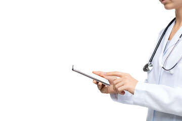 Woman doctor holding smartphone answering to patients