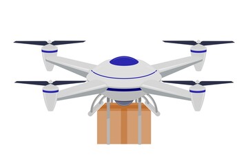 Drone with cargo. The concept of fast and accurate delivery of necessary goods through the latest technology. Vector illustration of an aircraft with box.