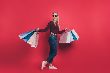 Consumerism good mood new collection concept. Photo of cheerful carefree lucky beautiful nice glad...