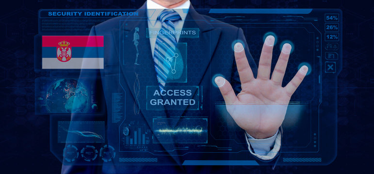 Finger Print Biometric Scanning Identification System. Businessman scan fingerprint biometric identity and approval. Serbia Nationality - Powered by Adobe