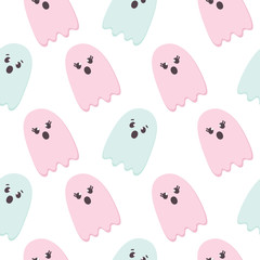 Halloween Seamless Pattern of Flying Ghosts. Cute Nursery room wallpaper, kids background, card. Pastel colors scared Cartoon character isolated on white. Printable flat style