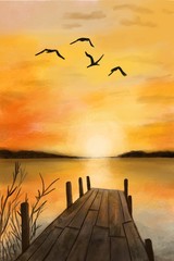 illustration of orange sunset on lake wooden pier